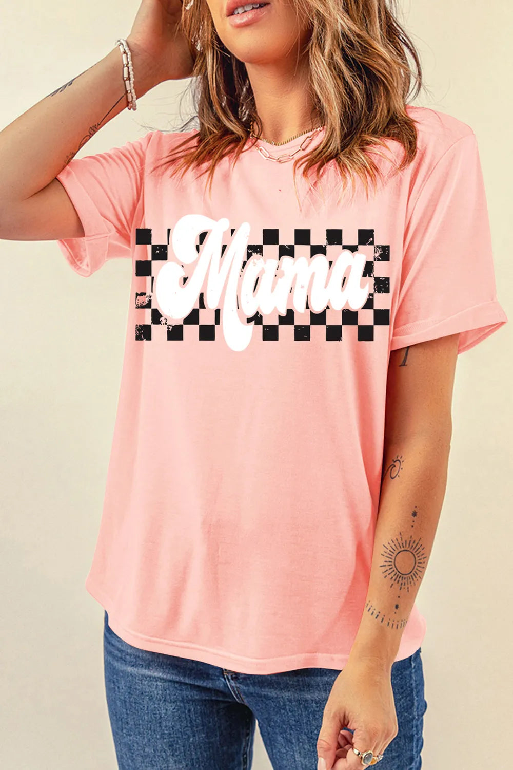MAMA Round Neck Short Sleeve T-Shirt - Watermelon pink / S